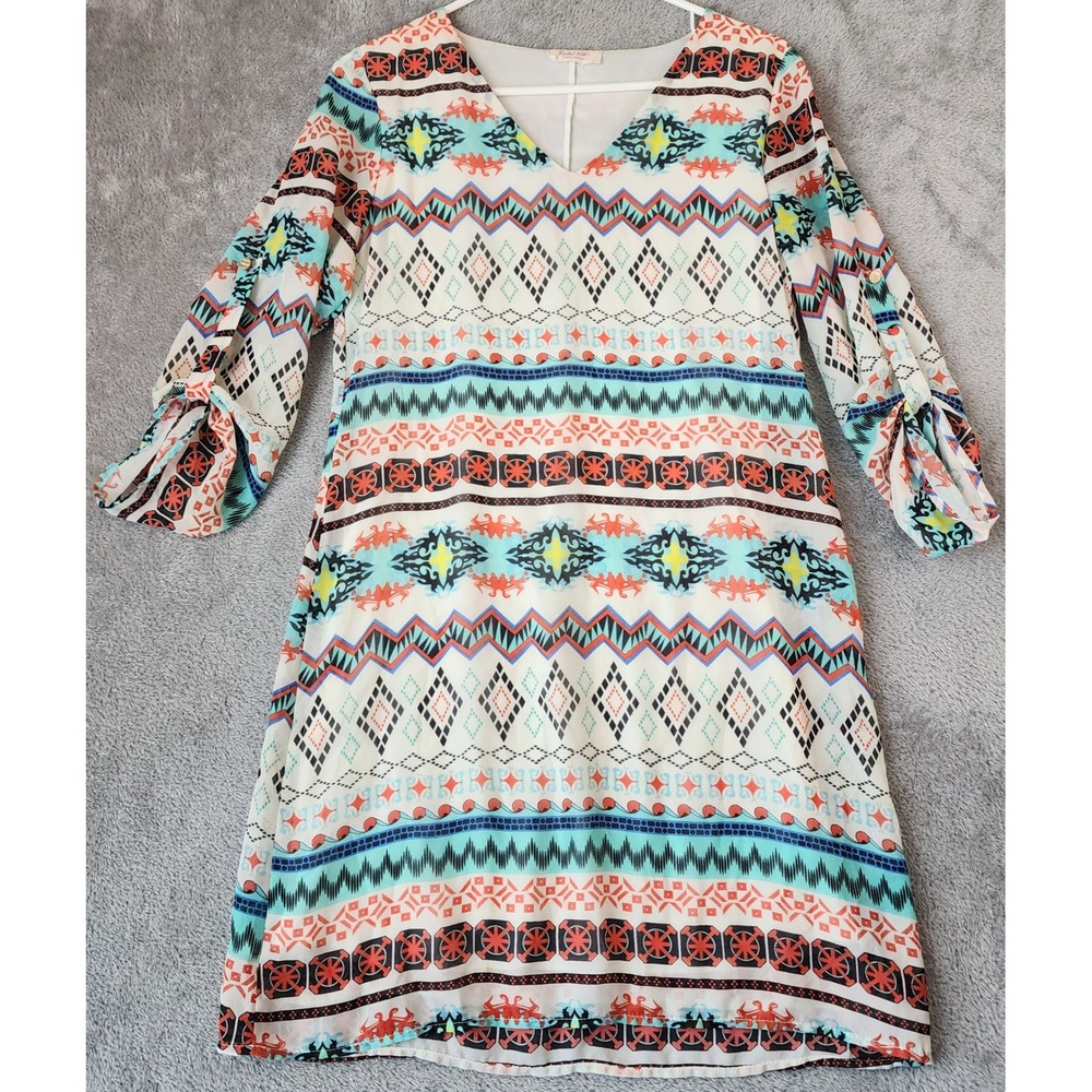 Rachel Kate Dress Womens Small Multicolor Geometric Tribal V-Neck Tie Sleeve